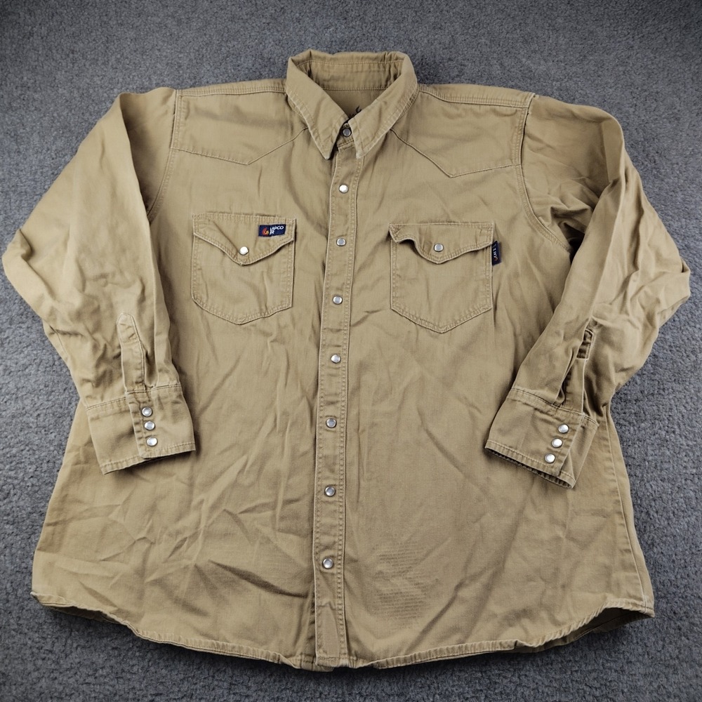 Lapco FR Mens XL Khaki Flame Resistant Western Pearl Snap Work Shirt CAT2